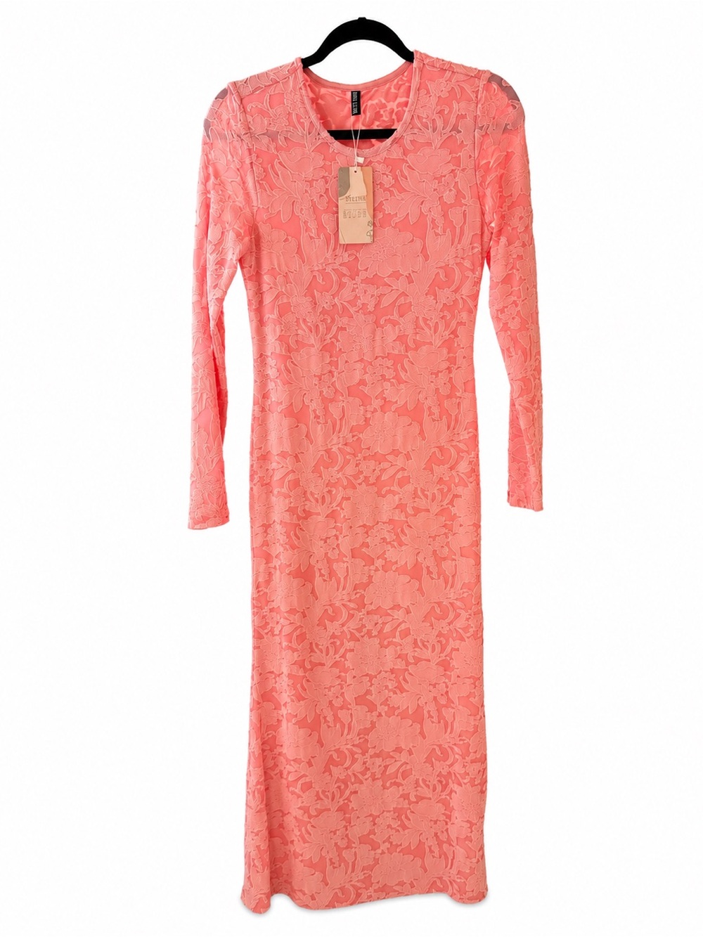 BTFBM Coral Pink Floral Lace Long Sleeve Maxi Dress NWT